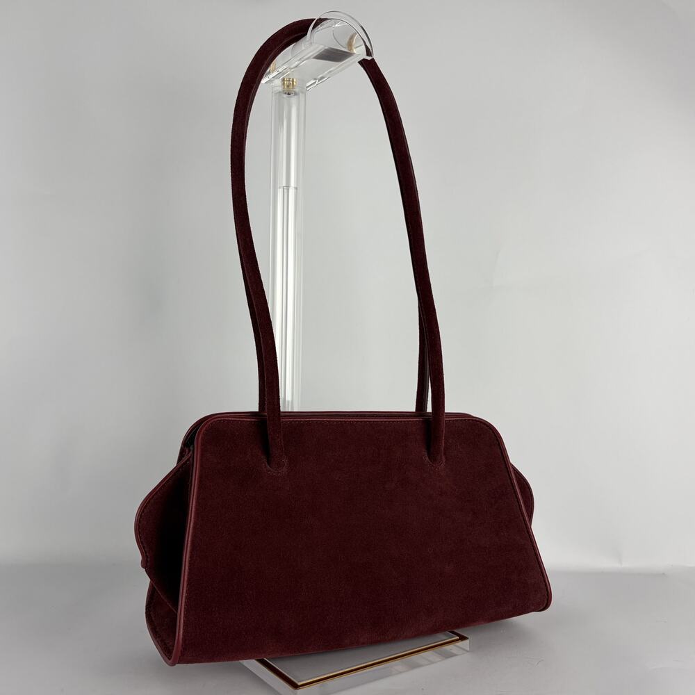 Burgundy Suede East-West Shoulder Bag with Leather Piping